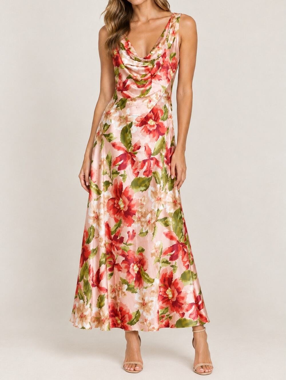 Paper Heart Pink Satin Floral Cowl Neck Sleeveless Maxi Slip Dress Sz Large NWT